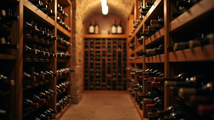 Eye-level view of a wine cellar with bottles