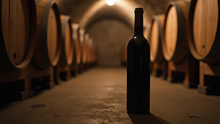Close-up view of a wine bottle in a cellar
